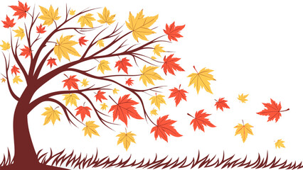 Illustration of a tree with red and yellow leaves blowing in the wind with grass at the bottom edge
