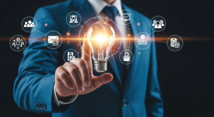 Poster - Business strategy, innovation, technology, digital transformation, leadership, and creative idea concept with businessman in blue suit touching glowing light bulb icon surrounded by digital icons