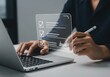 © MAJIDULISLAM - Digital Checklist and E Signature on Transparent Screen Man Using Laptop for Online Approval and Task Management Efficiency and Productivity