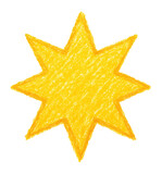 Yellow crayon drawing of a stylized star with eight points on a white background, representing creativity, childhood, and artistic expression.