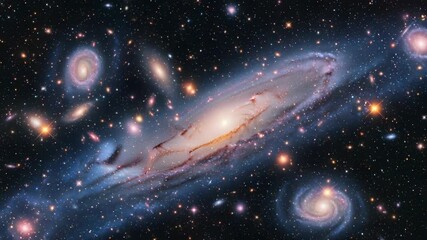 Wall Mural - Magnificent Spiral Galaxies Interacting in Deep Space with Blue and Orange Light Stellar and Nebula Forms