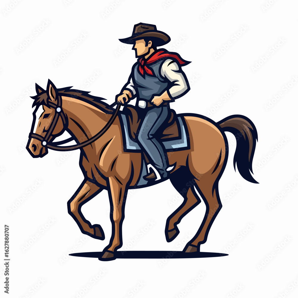 Cowboy riding brown horse.  Illustration of cowboy in hat and neckerchief riding horse.  Smiling cowboy on horseback is perfect mascot for western brand or rodeo event.
