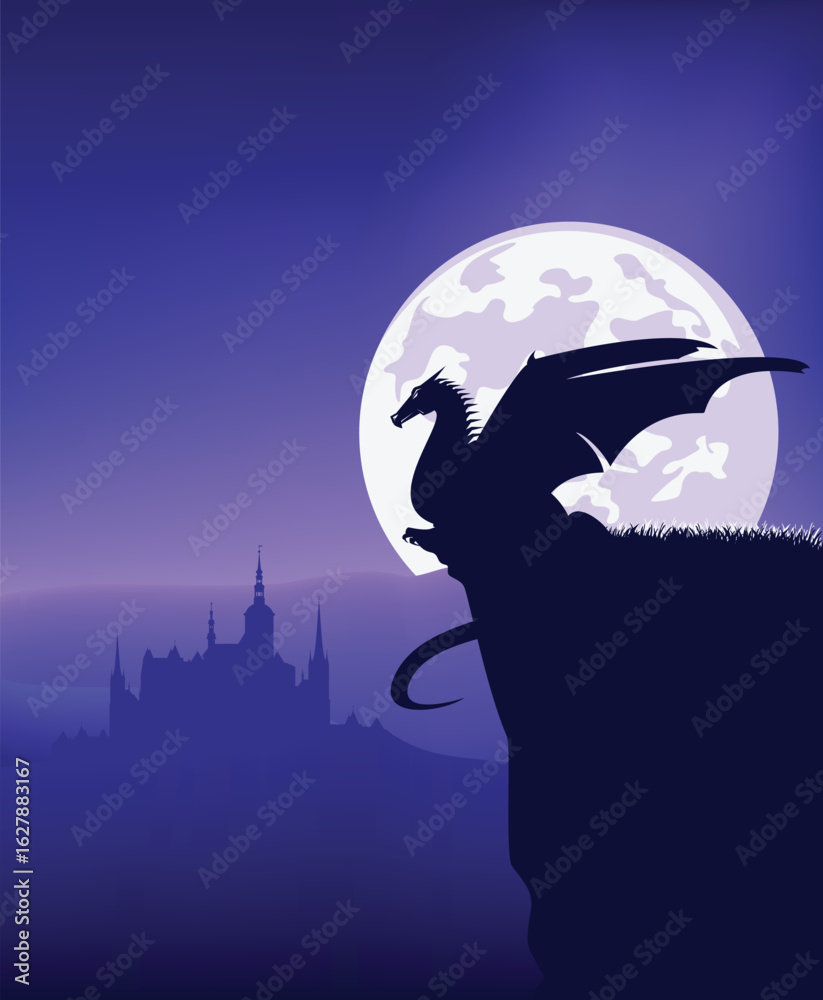 mythical dragon guarding fairy tale medieval castle at night with full ...