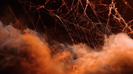 Ethereal spider web illuminated by warm light and wisps of smoke