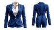 © วิรัช พิมพ์พรมมา - Business Suit: Front and back view of a formal blue business suit for a woman, showcasing the elegance and style of professional attire, perfect for corporate settings.