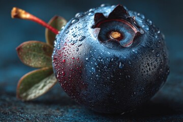Wall Mural - Close-up view of fresh blueberry with water droplets on a dark textured surface revealing its rich color and detail