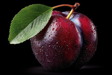 Wall Mural - Freshly picked plum with rain droplets showcasing vibrant colors and natural texture in a dark background