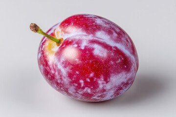 Wall Mural - Fresh red plum with a smooth, shiny surface and a green stem showcasing natural beauty