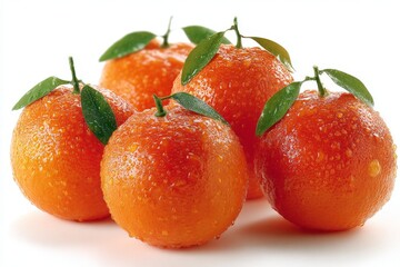 Wall Mural - Freshly picked oranges glistening with water droplets on a white background showcasing nature's vibrant colors