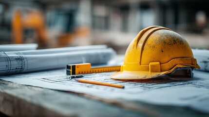 Construction workspace close-up with hard hat, rolled blueprints, measuring tape, and pencil on workbench against blurred site background