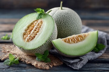 Wall Mural - Fresh cantaloupe slices arranged on rustic wooden surface with mint leaves for a healthy summer snack