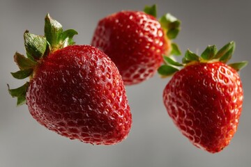 Wall Mural - Fresh ripe strawberries suspended in mid-air against a gray backdrop showcasing their vibrant red color
