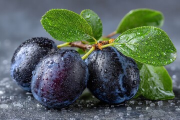 Wall Mural - Freshly picked plums with droplets on leaves in a rustic setting showcasing natural beauty and vibrant colors