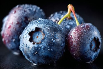 Wall Mural - Freshly washed blueberries glistening with water droplets on a dark background