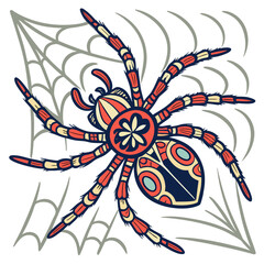 Stylized spider with intricate patterns on a web