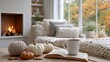 © Jane_S - Cozy autumn living room with knitted decor, fireplace, and pumpkin accents