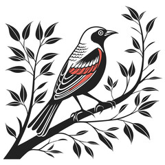 Black and white illustration of a bird perched on a tree branch