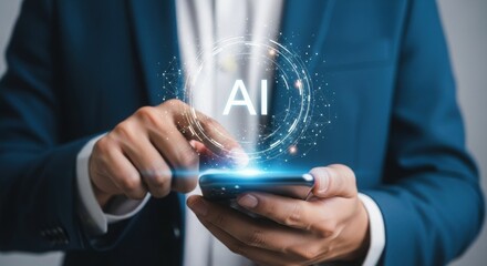 Poster - Businessman holding smartphone with holographic AI network projection. Futuristic artificial intelligence interaction. Modern executive using AI technology.