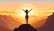 © background - Dark silhouette of a woman with wavy hair, her arms raised in a triumphant V-pose.