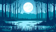 © background - Enchanting night scene of a silhouetted forest and pond under a large, bright full moon.