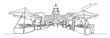 © Wieslaw - continuous one line drawing of a farmers market on a city street with stalls and a town hall vector lineart illustration