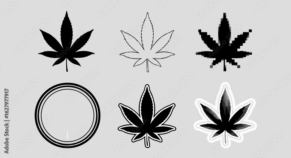 Minimalist Vector SVG Illustration Set of Cannabis Leaf Icons in Flat ...