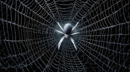 A spider sits in the center of its intricate web against a dark background