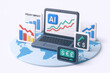 © Afza - A modern laptop displaying financial graphs and AI insights, surrounded by informative icons on a global map.