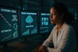© Lustre Art Group  - Woman analyzing economic crisis data on screens, reflecting societal and economic challenges.