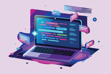 Stylized laptop displaying colorful code on a light purple background computer coding