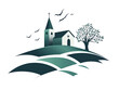 © PNG - Serene illustration of church on hill with birds flying and tree nearby, evoking peaceful rural landscape