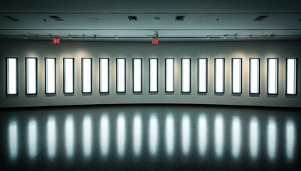 Empty display frames line a gallery wall.