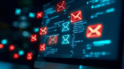 Glowing Email Icons on a Computer Screen, Red and Blue Neon Style