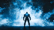 © LakenDesign - A silhouetted figure in futuristic armor stands against a backdrop of swirling blue energy