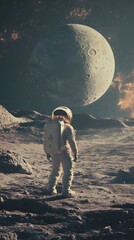 Wall Mural - An astronaut in a spacesuit gazes at a massive moon in a surreal, cosmic landscape.