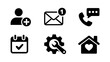 © Márcia - Set of six solid black communication and productivity icons, including add user, email notification, phone with chat bubble, calendar with check mark, settings gear with wrench, and house with heart.