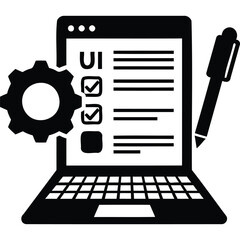 Laptop displaying user interface checklist with gear icon and pen in black and white illustration silhouette