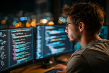 Software developer working late at night on computer code