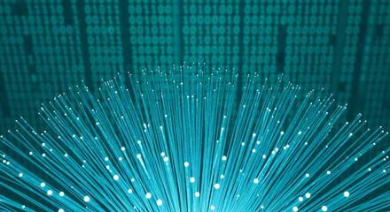 Poster - Teal fiber optic strands radiate outward against a blurred binary code background, symbolizing high-speed data transfer and digital technology