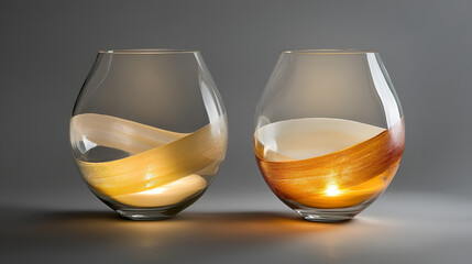 Two clear vases with gold bands and lights on a gray background