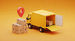 © PhotoArtHub - Yellow delivery truck unloading cardboard boxes near location pin, on orange background, showcasing fast and reliable shipping concept