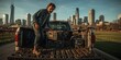 © ZaheerUDin - Man in denim jacket pointing at crates in truck bed with city skyline in the background on a sunny day