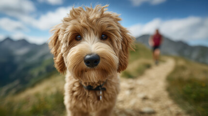  Cute fluffy dog enjoying beautiful international dog day hiking on mountain trail. happy pet portrait with an out of focus background
