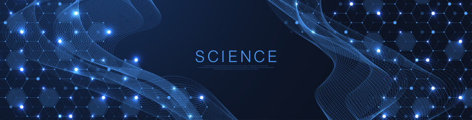 Wall Mural - Molecular abstract structure and genetic engineering DNA. Healthcare and medicine background concept. Scientific research background. Wave flow. Innovation pattern. Vector illustration.