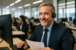 © Jens - Professional Support Specialist: A seasoned business professional, focused and engaged, wearing a headset while managing customer queries and support requests in a fast paced office environment.