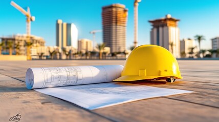 Urban construction plans with yellow hard hat in cityscape background