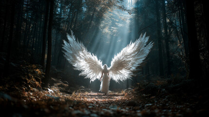 Wall Mural - A radiant angel with large white wings spreading light in a dark forest