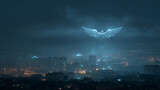 A guardian angel flying above a city at night, protecting people below