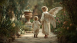 A child holding hands with a gentle angel on a peaceful garden path