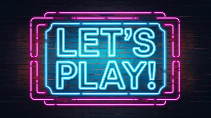 Poster - Neon sign pulses rhythmically against brick wall, inviting viewer to play, symbolizing invitation, excitement, and digital entertainment